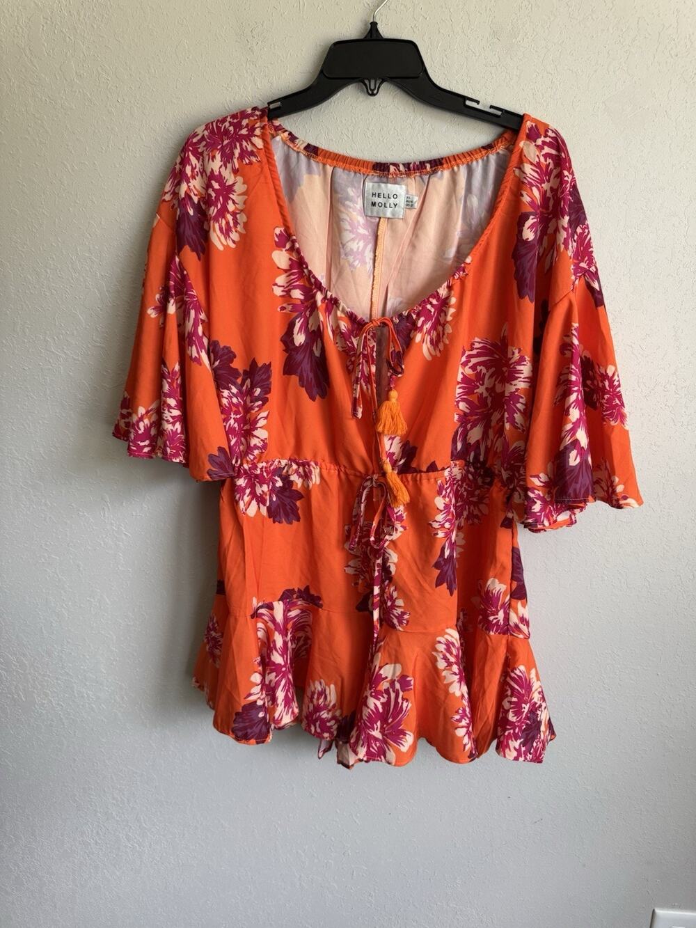 Hello Molly Orange Pink Floral Tassel Tie Bell Sleeve Romper Womens 2 Coastal